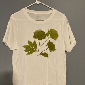 Ladies JCrew size L t shirt. Olive green design on an off white background.